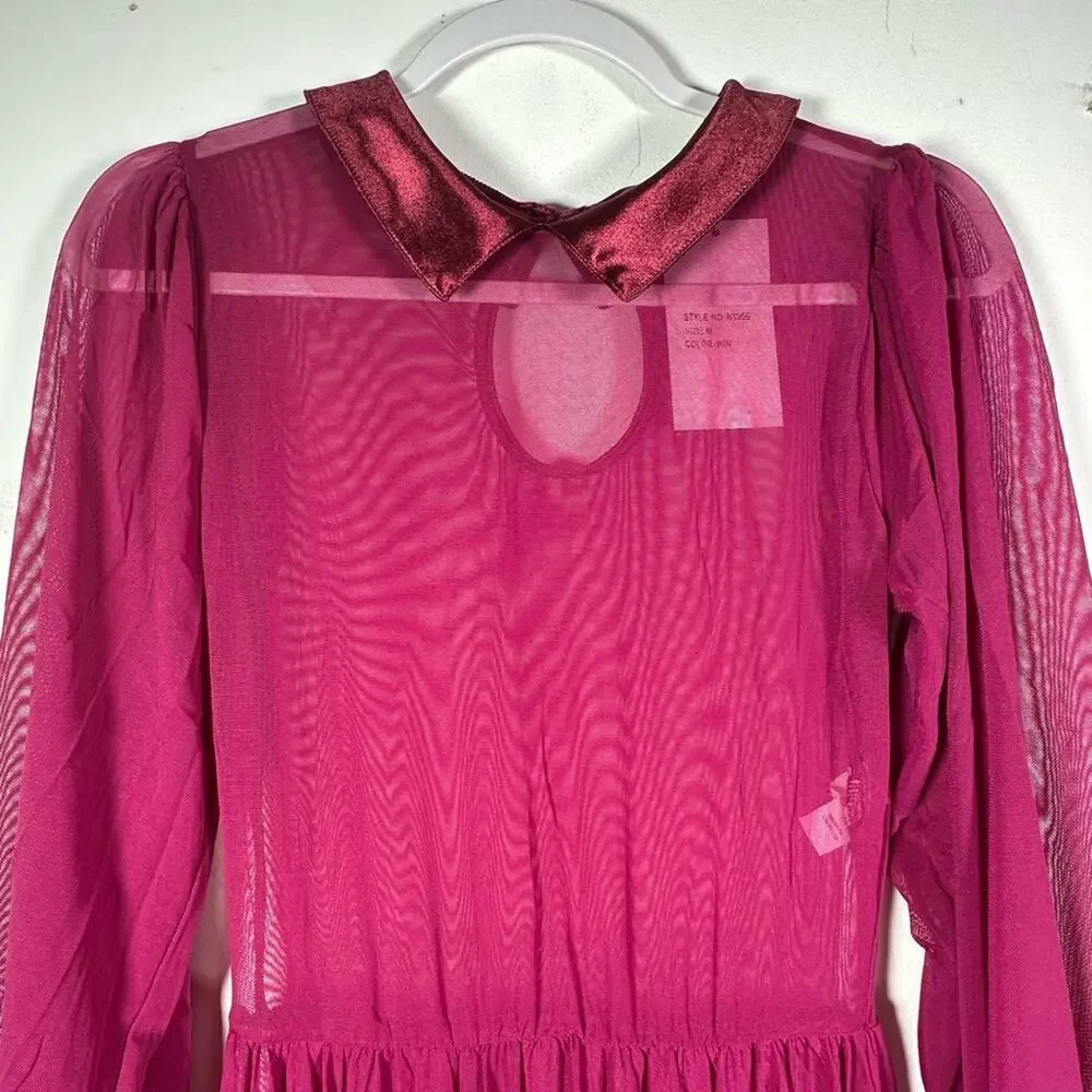 Double Platinum Burgundy wine Sheer Ruffled Tiered Long Sleeve Dress Adult M